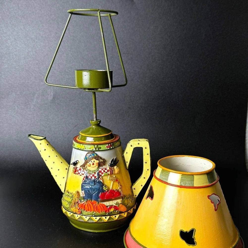 Vintage Harvest Scarecrow Teapot Tealight Candle Holder Ceramic Fall Decor Shade